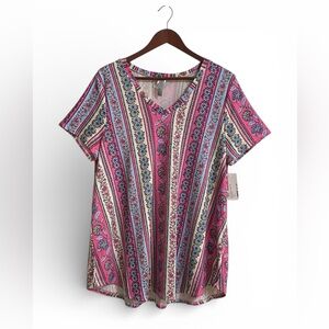 Honeyme Multicolor Floral Stripe Flowy Tee Top XL